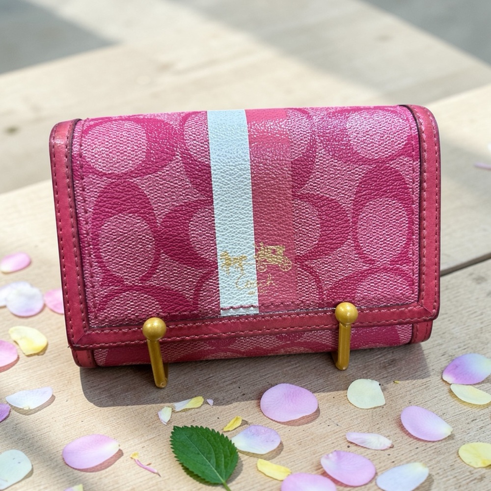 Coach Pink Signature Stripe Compact Wallet